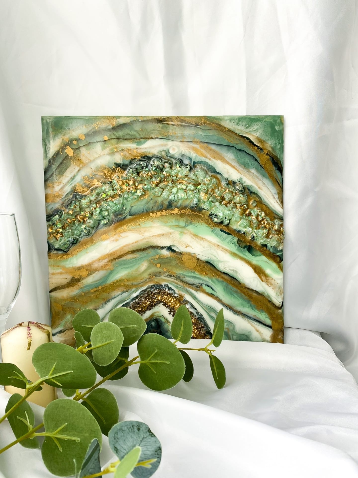 Abstract painting wall wood epoxy resin handmade home decor gift stone cut geode