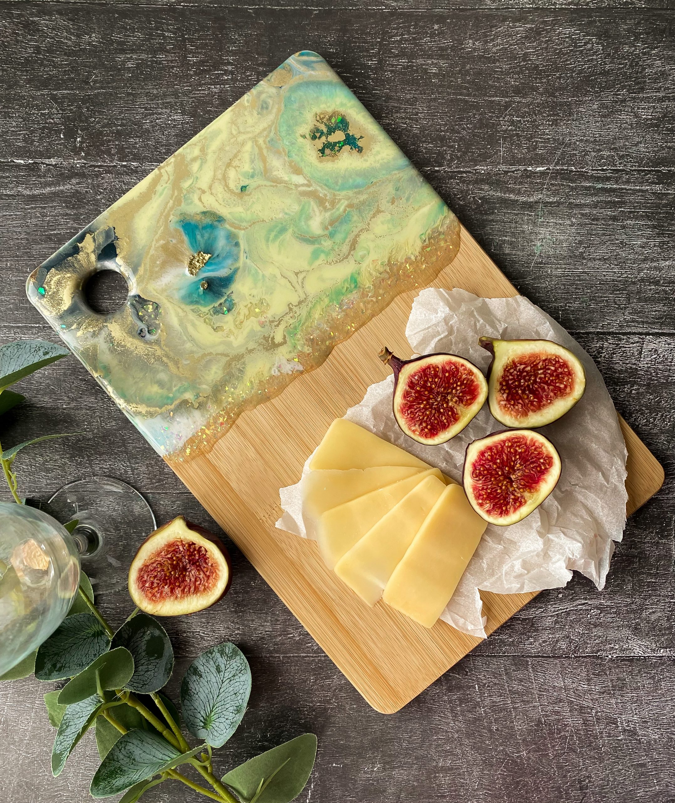 Serving wooden board snacks with epoxy resinart cheese board handmade food tray decor home