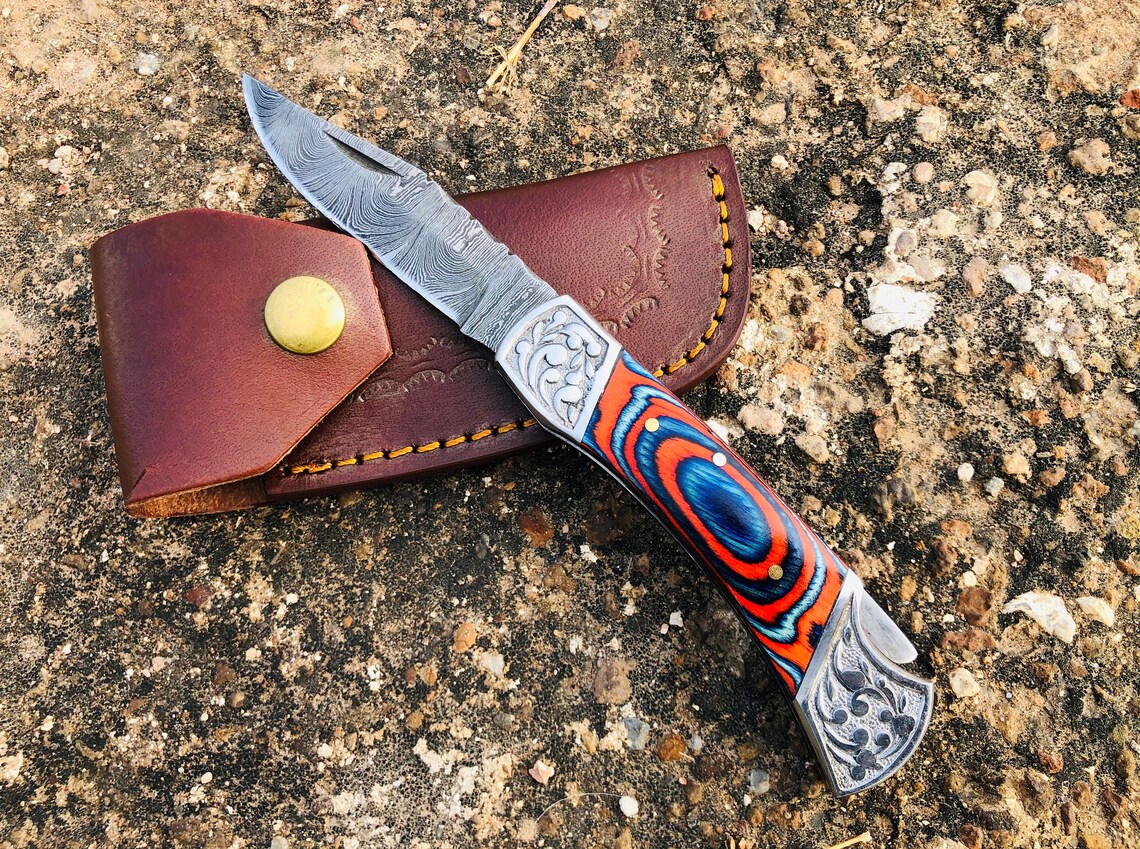 Handmade damascus steel folding knife pocket knife gift for him anniversary gift edc knife grooms