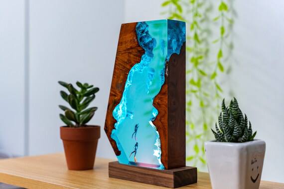 Jellyfish and diver epoxy resin wood night light- ocean art resin, home decor unique gift, lamp night. lamp, epoxy lamp